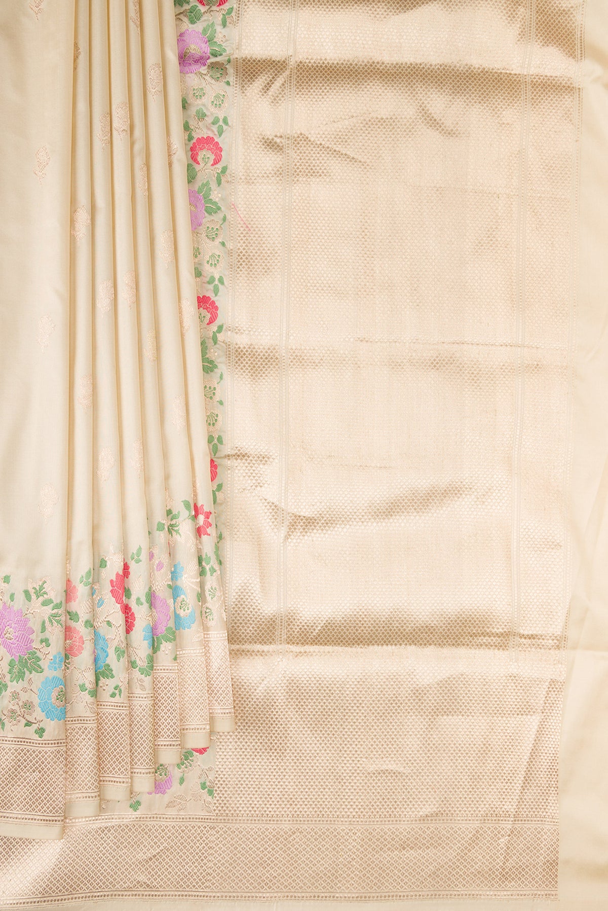 Pleats and pallu of Pure Silk Sandal Banarasi Saree with Zari Butta on the body and Fancy Border. 
