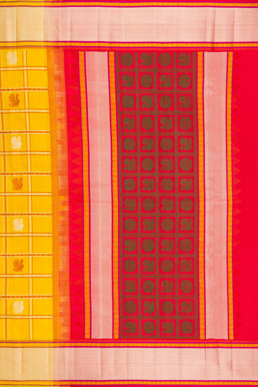 Close up image of the pallu of Yellow Kanchipuram Silk Saree with Checked design on the body and Thread Border. 