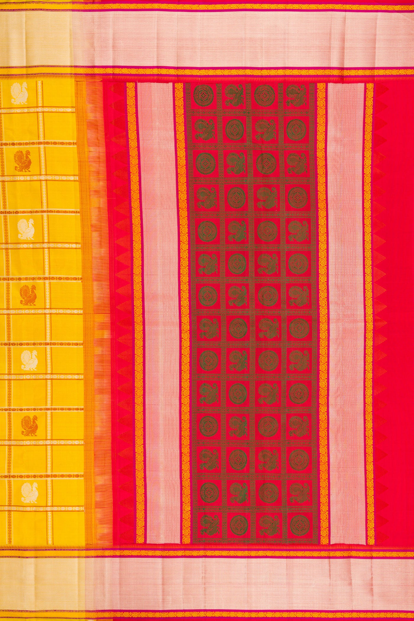 Close up image of the pallu of Yellow Kanchipuram Silk Saree with Checked design on the body and Thread Border. 