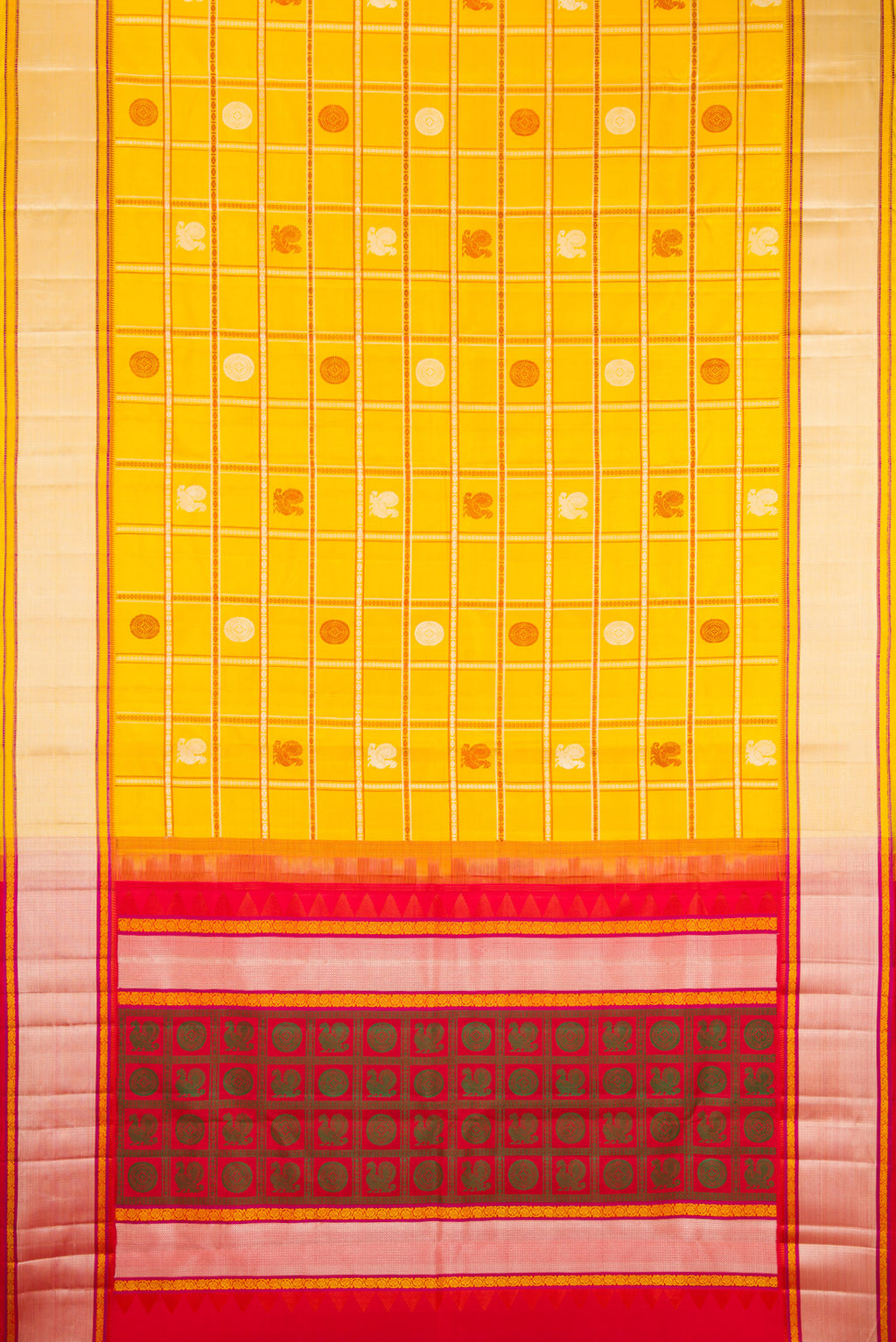 Flat view of Yellow Kanchipuram Silk Saree with Checked design on the body and Thread Border. 