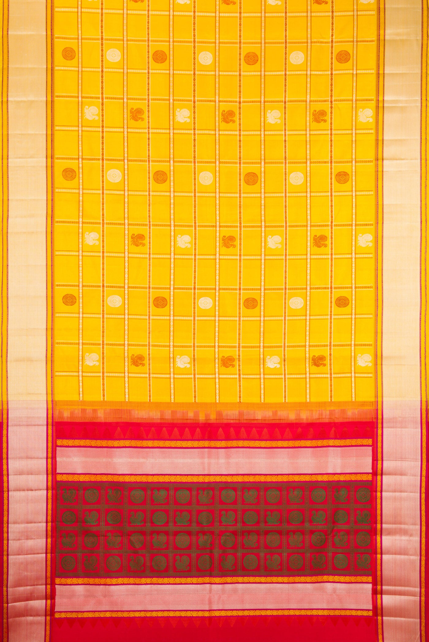 Flat view of Yellow Kanchipuram Silk Saree with Checked design on the body and Thread Border. 