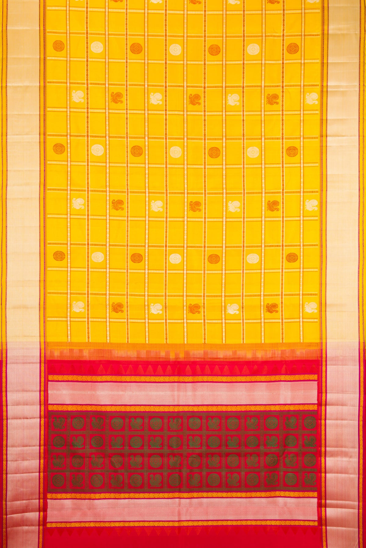 Flat view of Yellow Kanchipuram Silk Saree with Checked design on the body and Thread Border. 