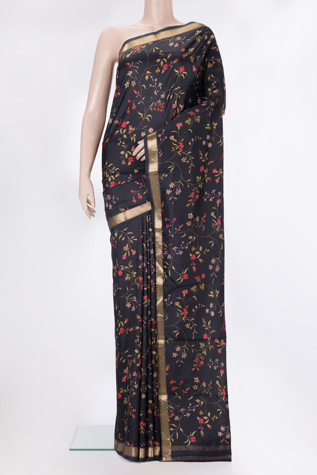 Pure Silk Black Dual Tone Kanchipuram Saree with Printed design on the body and Zari Border.  displayed on a mannequin
