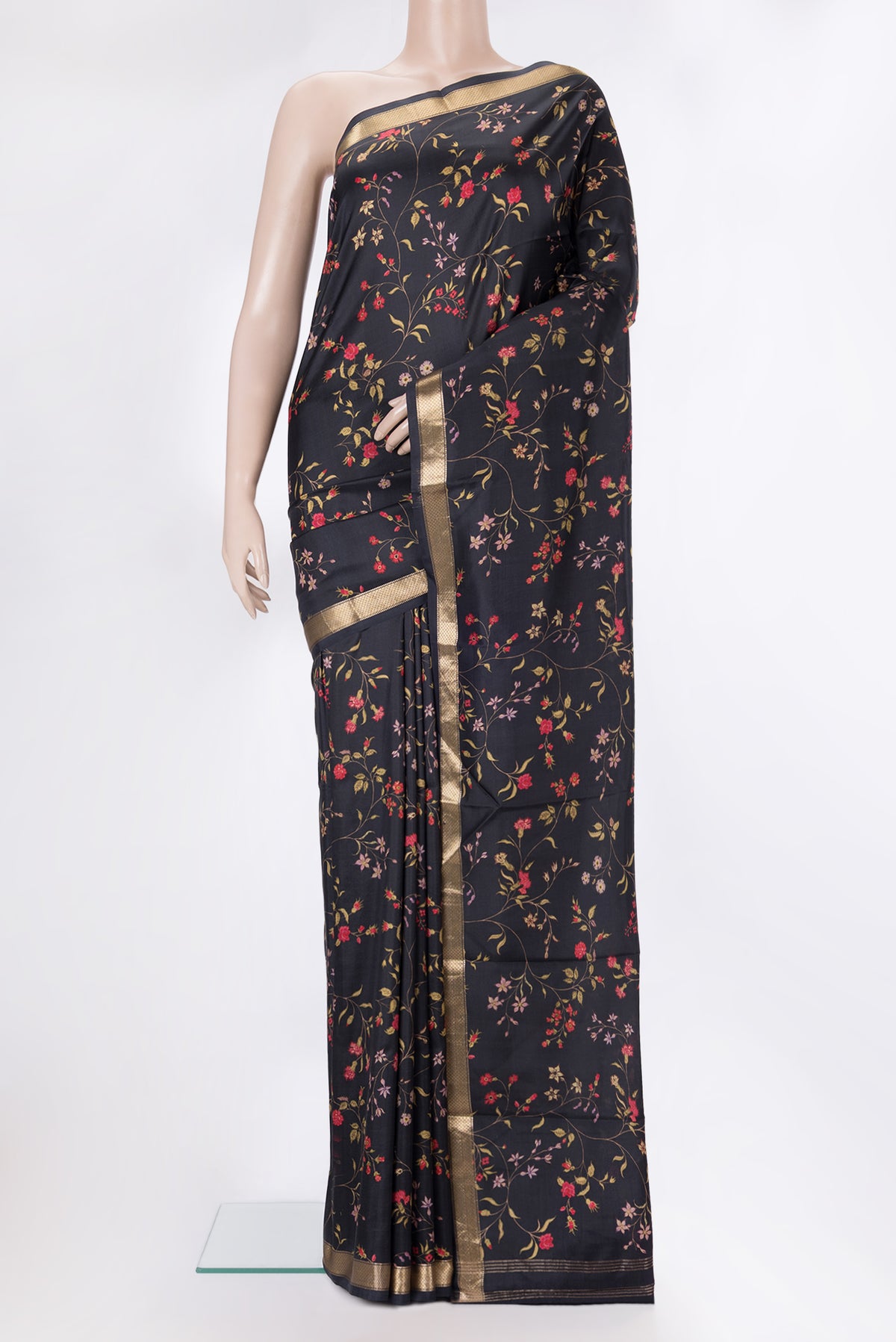 Pure Silk Black Dual Tone Kanchipuram Saree with Printed design on the body and Zari Border.  displayed on a mannequin