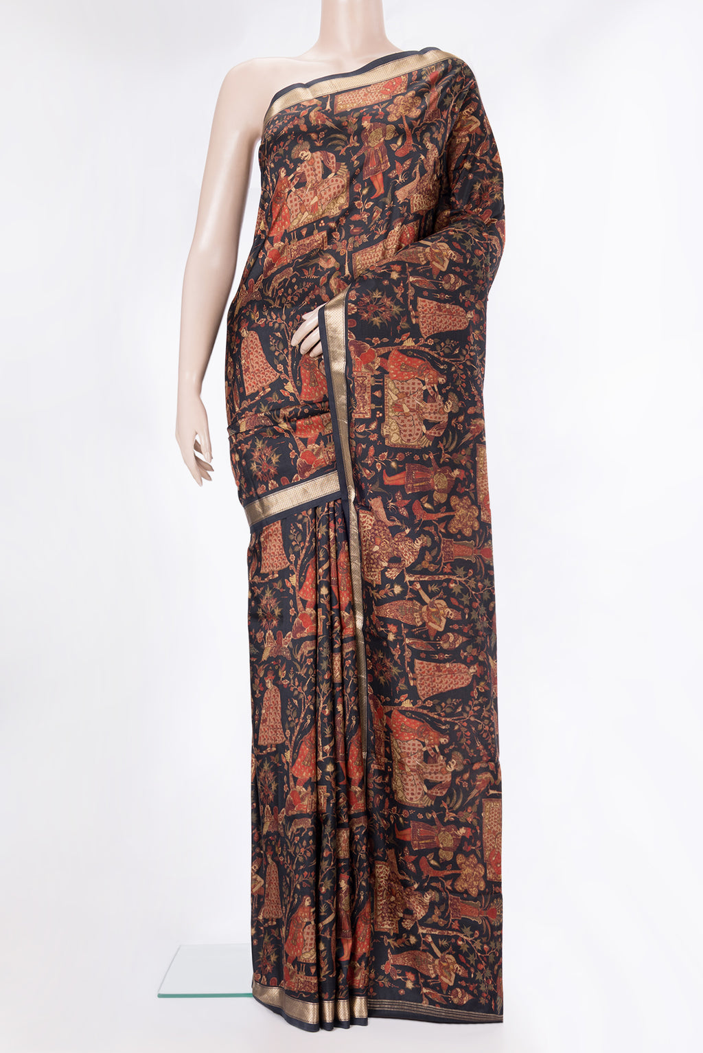 Pure Silk Black Dual Tone Kanchipuram Saree with Printed design on the body and Zari Border.  displayed on a mannequin