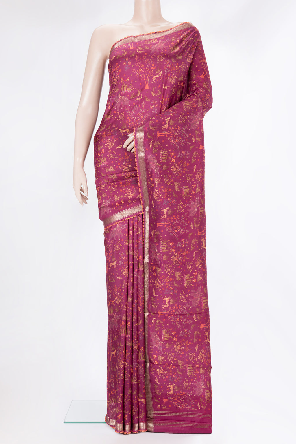 Pure Silk Magenta Dual Tone Kanchipuram Saree with Printed design on the body and Embroidery Border.  displayed on a mannequin