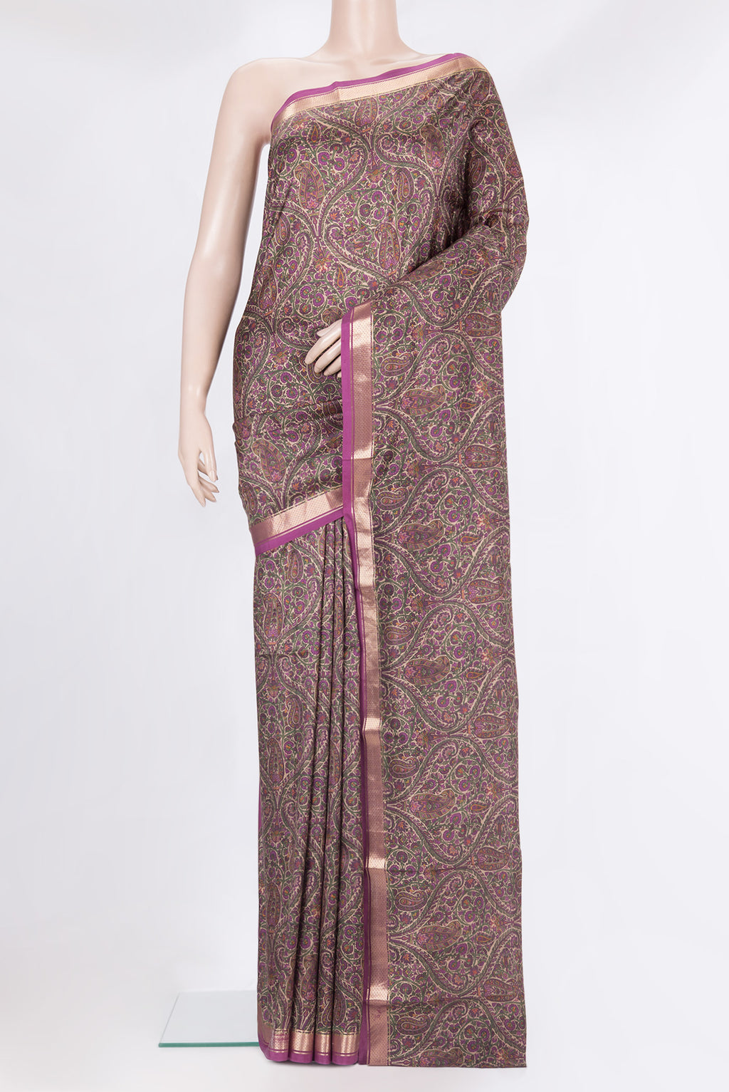 Pure Silk Purple Dual Tone Kanchipuram Saree with Printed design on the body and Zari Border.  displayed on a mannequin