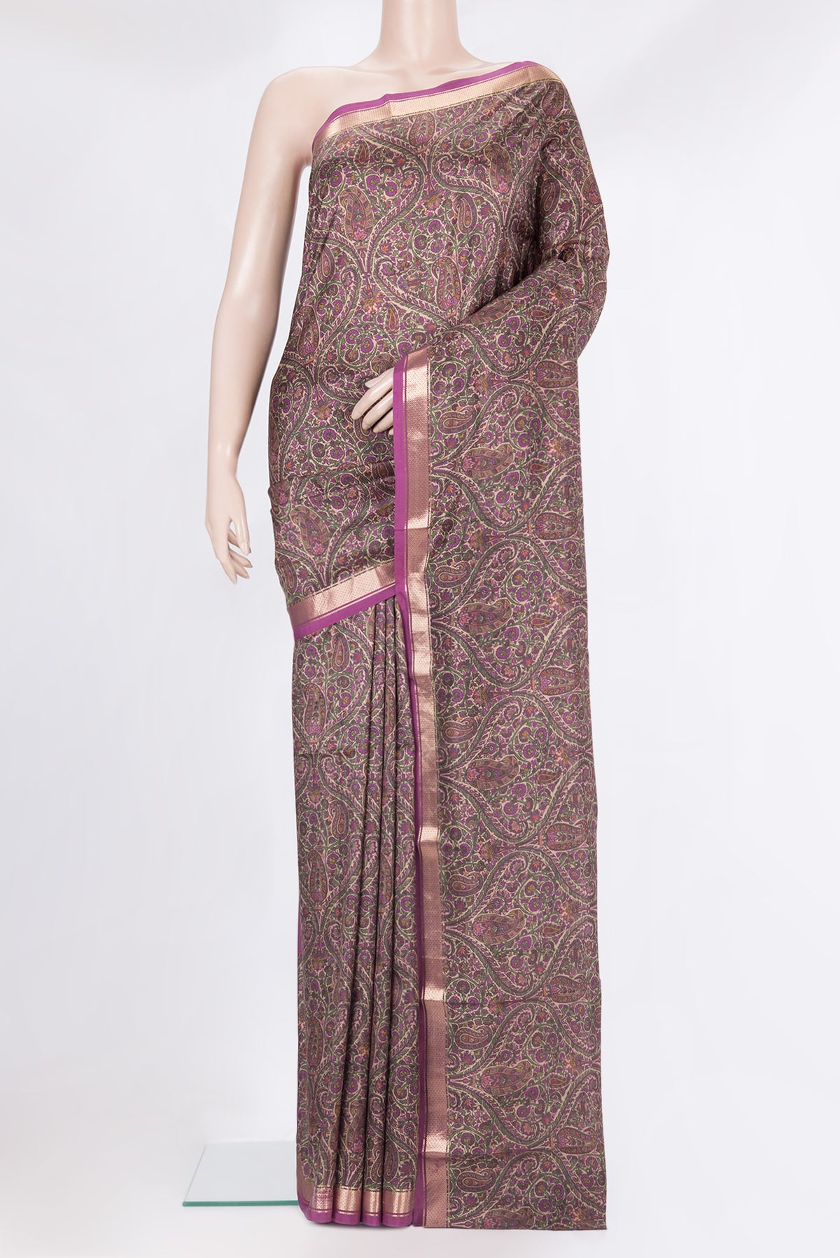 Pure Silk Purple Dual Tone Kanchipuram Saree with Printed design on the body and Zari Border.  displayed on a mannequin