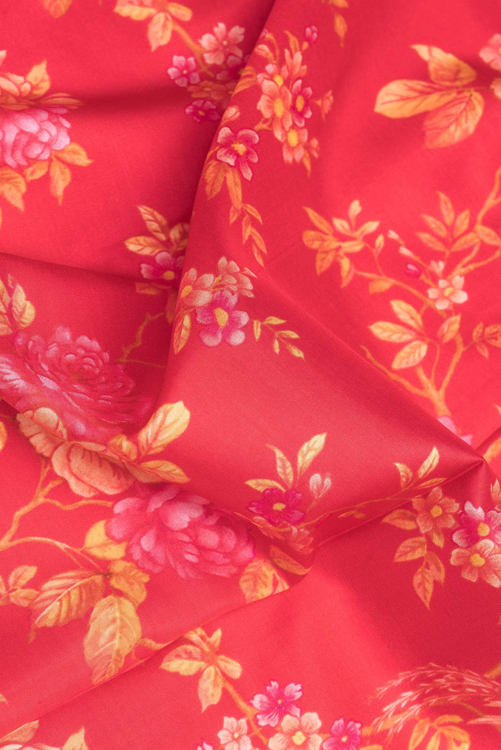 Close up of Pure Silk Pink Dual Tone Kanchipuram Saree with Printed design on the body and Zari Border.  displaying folds
