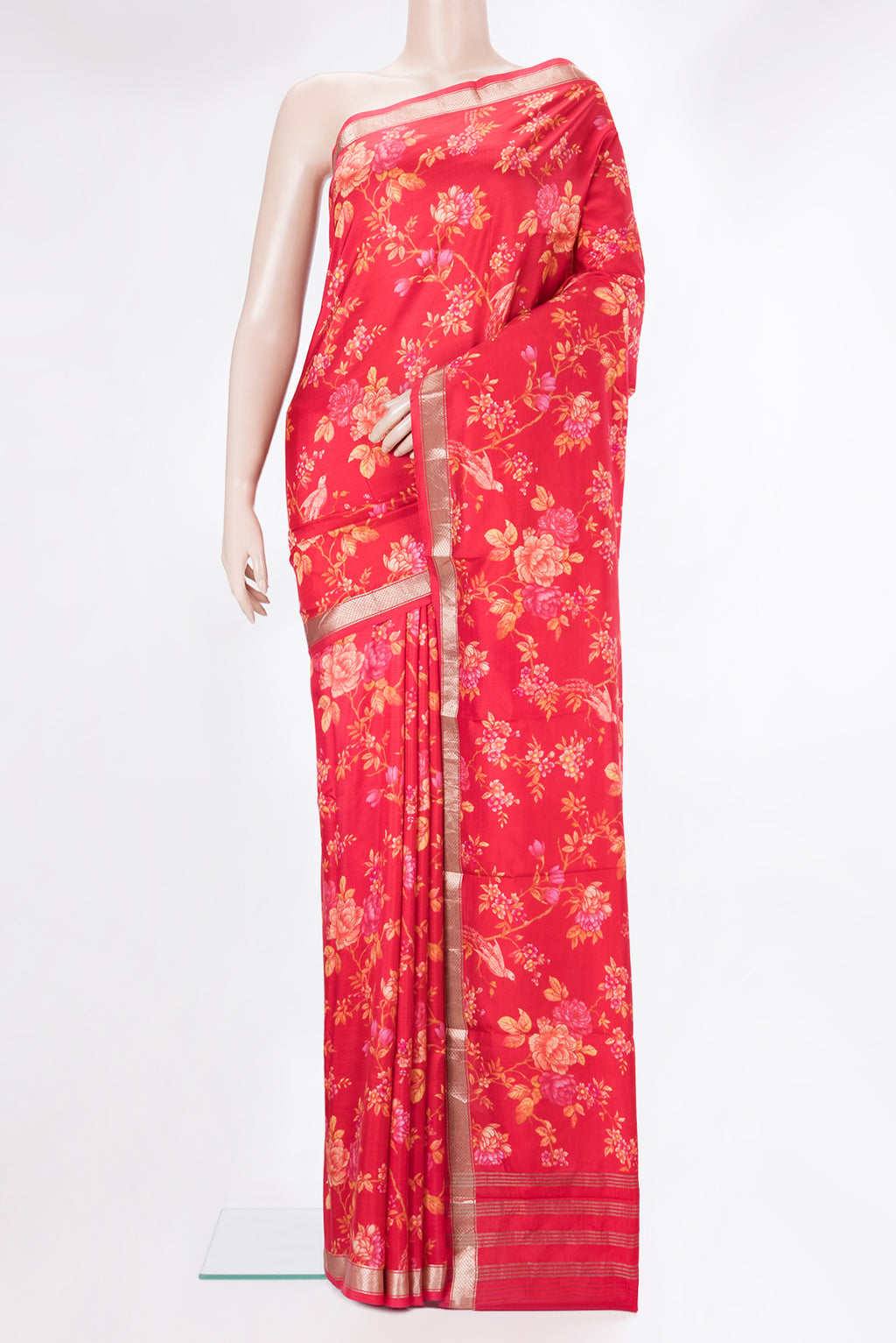 Pure Silk Pink Dual Tone Kanchipuram Saree with Printed design on the body and Zari Border.  displayed on a mannequin
