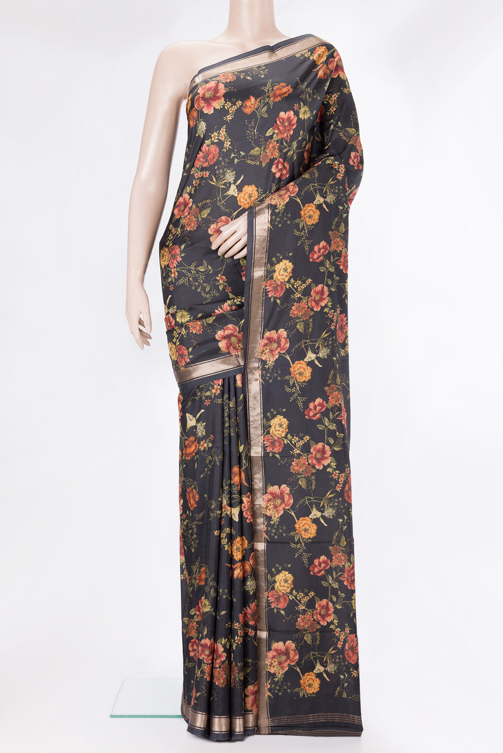 Pure Silk Black Dual Tone Kanchipuram Saree with Printed design on the body and Zari Border.  displayed on a mannequin