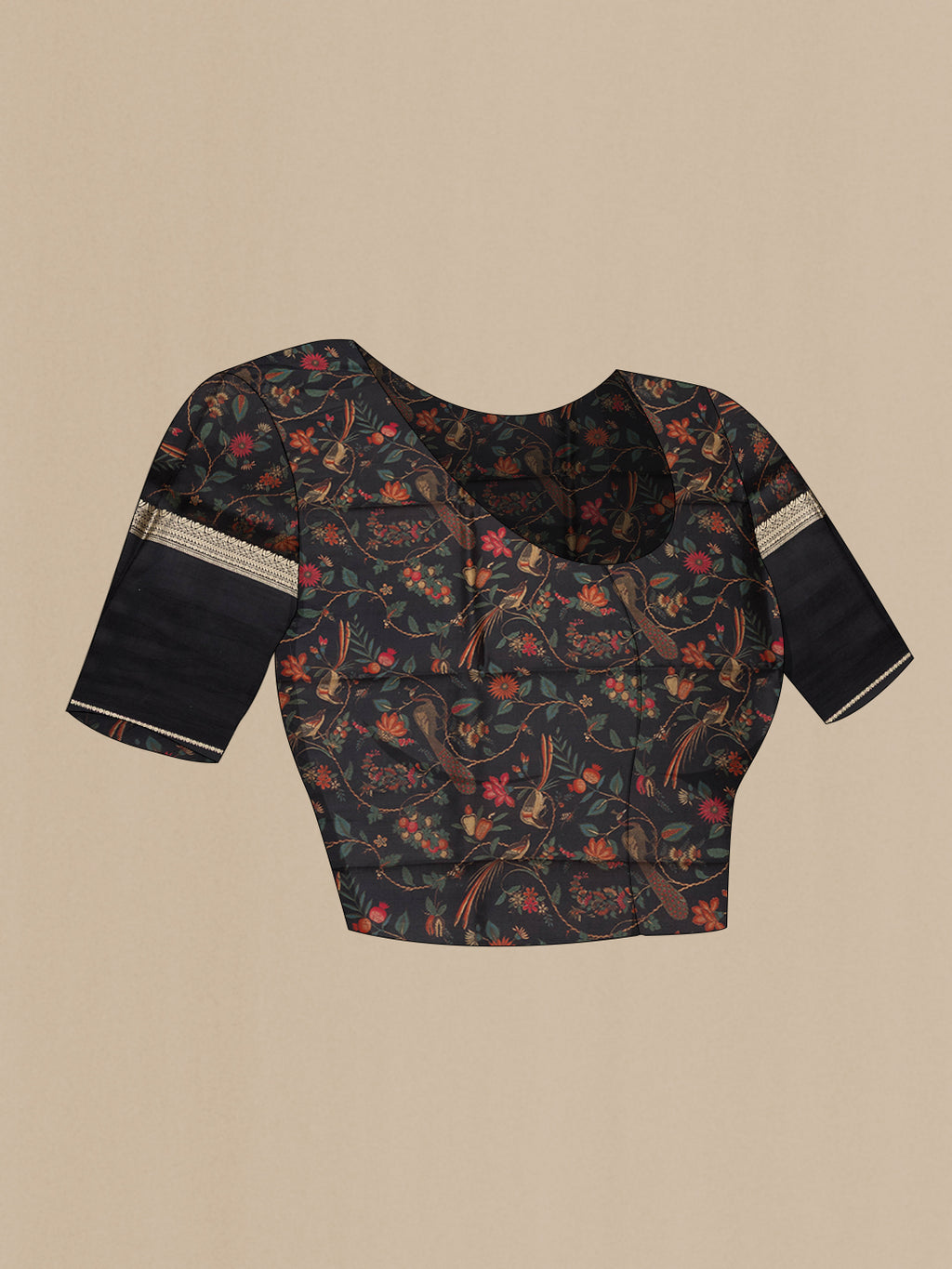Close up image of the blouse of Pure Silk Black Printed Saree with Printed design on the body and Fancy Border. 