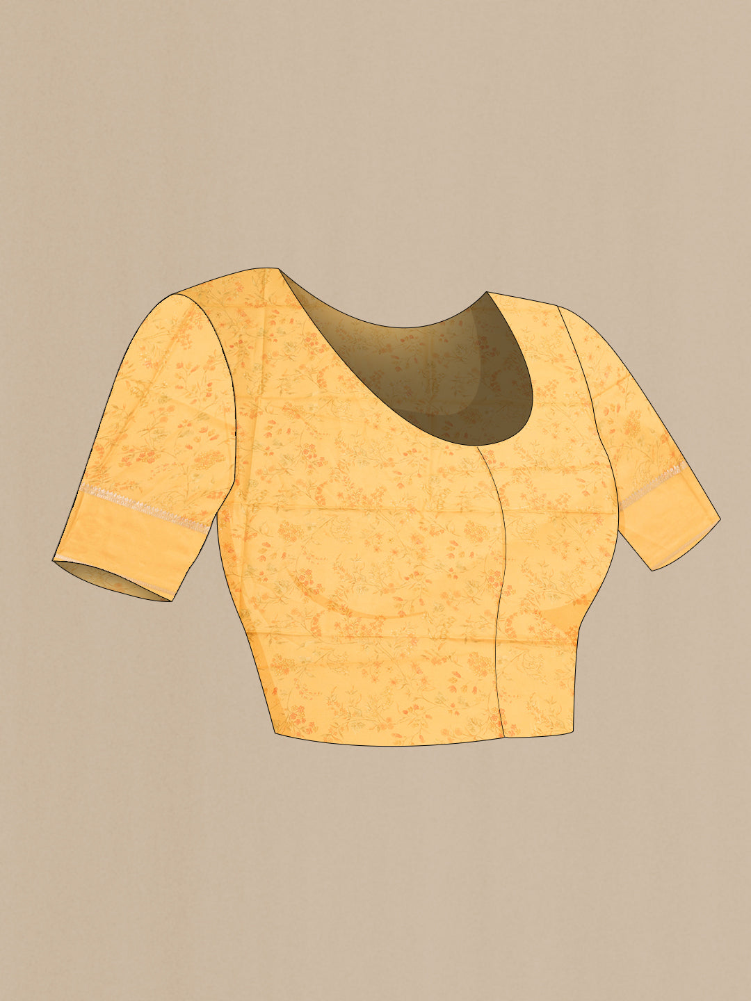 Close up image of the blouse of Mustard Dual Tone Crepe Saree with Zari Butta on the body and Fancy Border. 