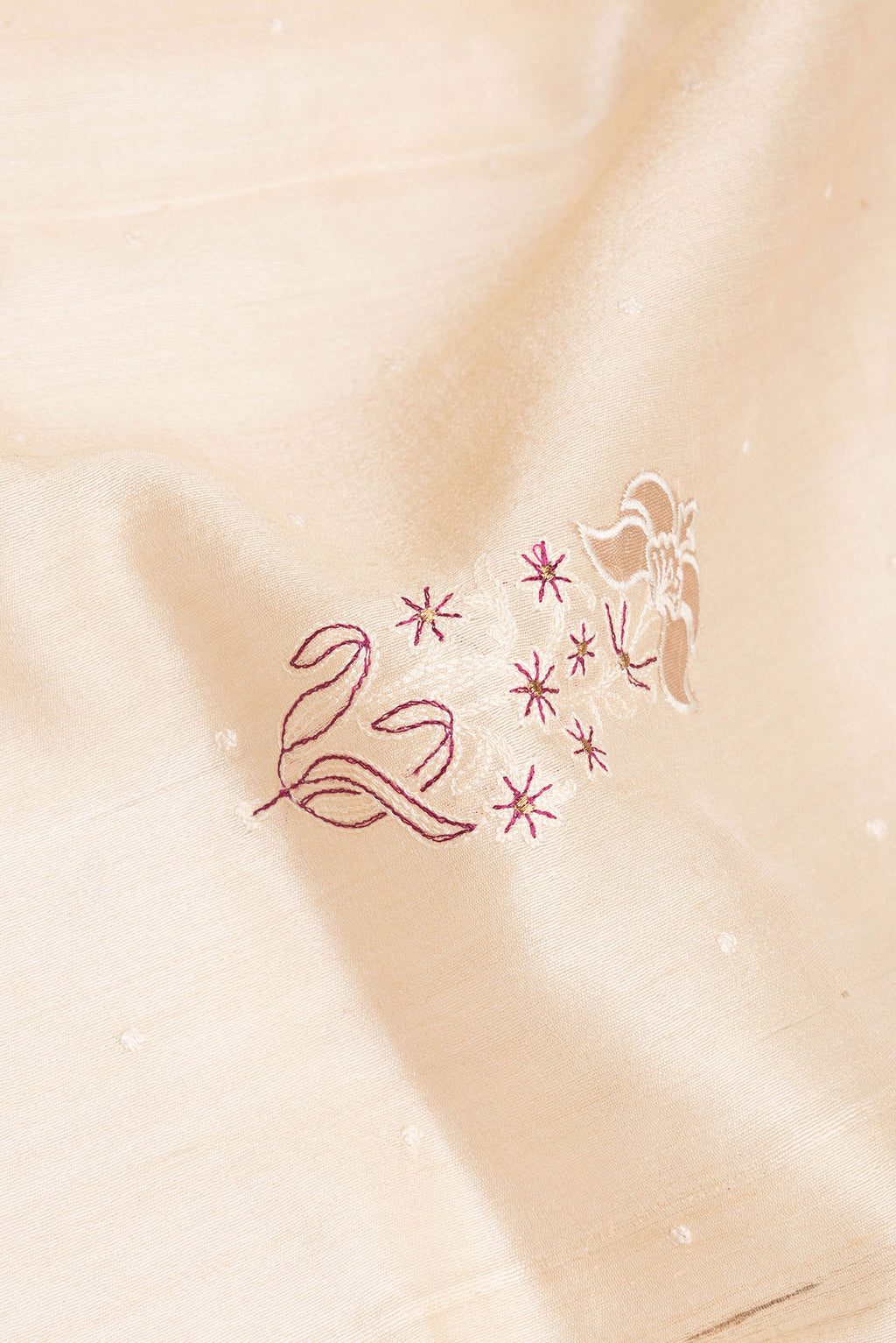 Close up of Cream Tussar Saree with Embroidered on the body and Zari Border.  displaying folds