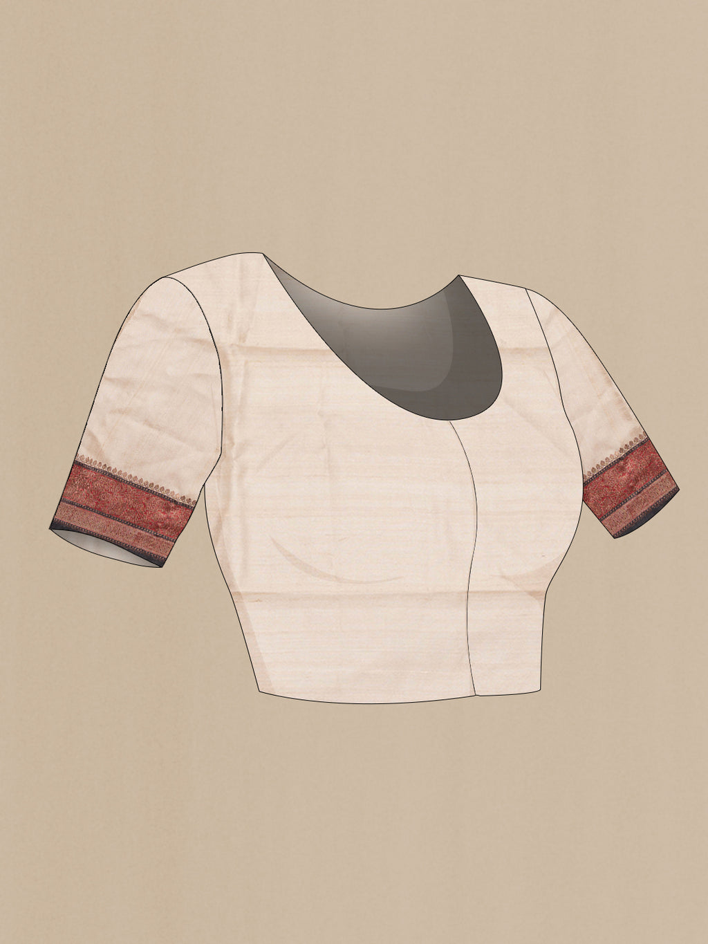 Close up image of the blouse of Pure Silk Sandal Tussar Saree with Embroidered on the body and Embroidered Border. 