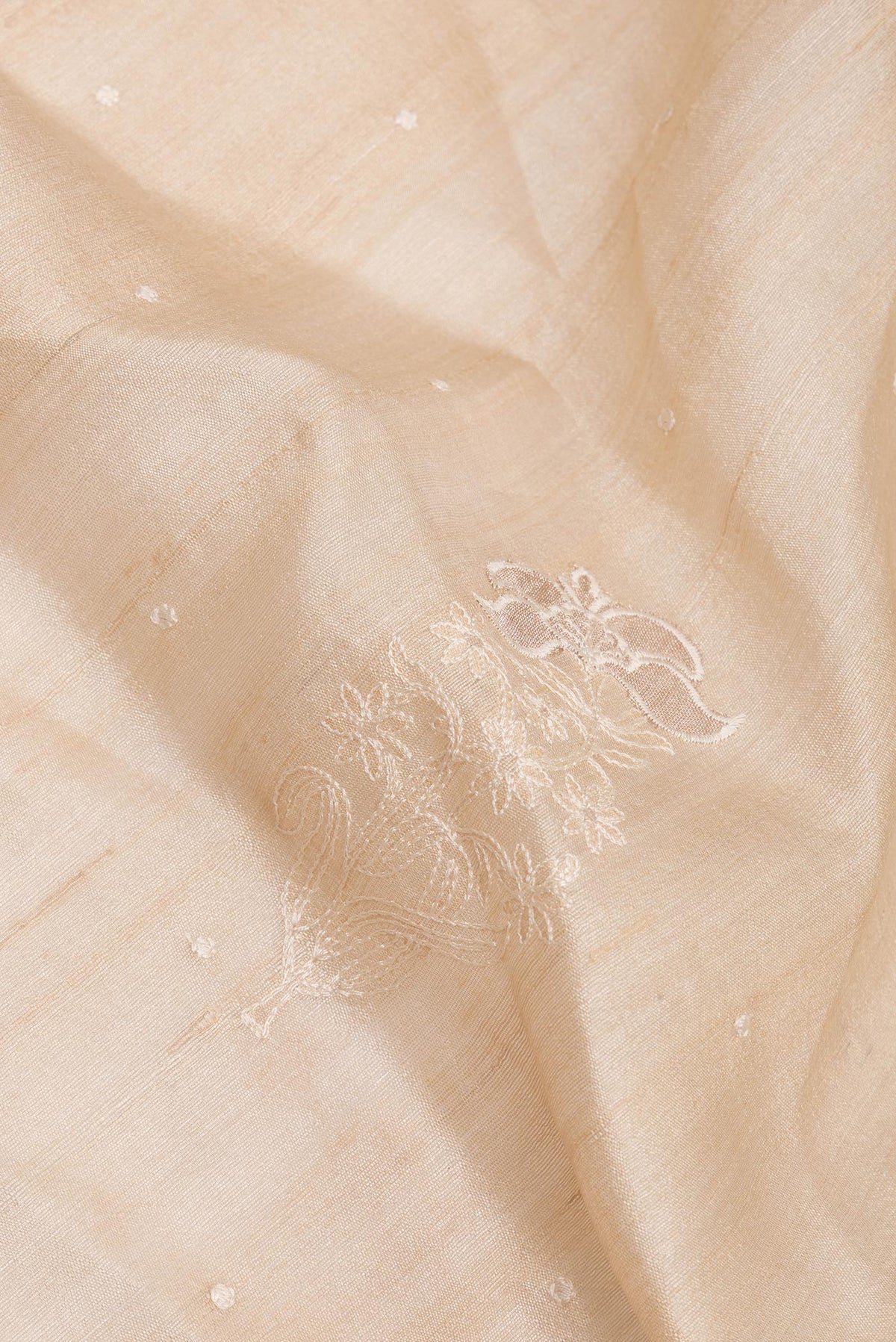 Close up of Pure Silk Sandal Tussar Saree with Embroidered on the body and Embroidered Border.  displaying folds