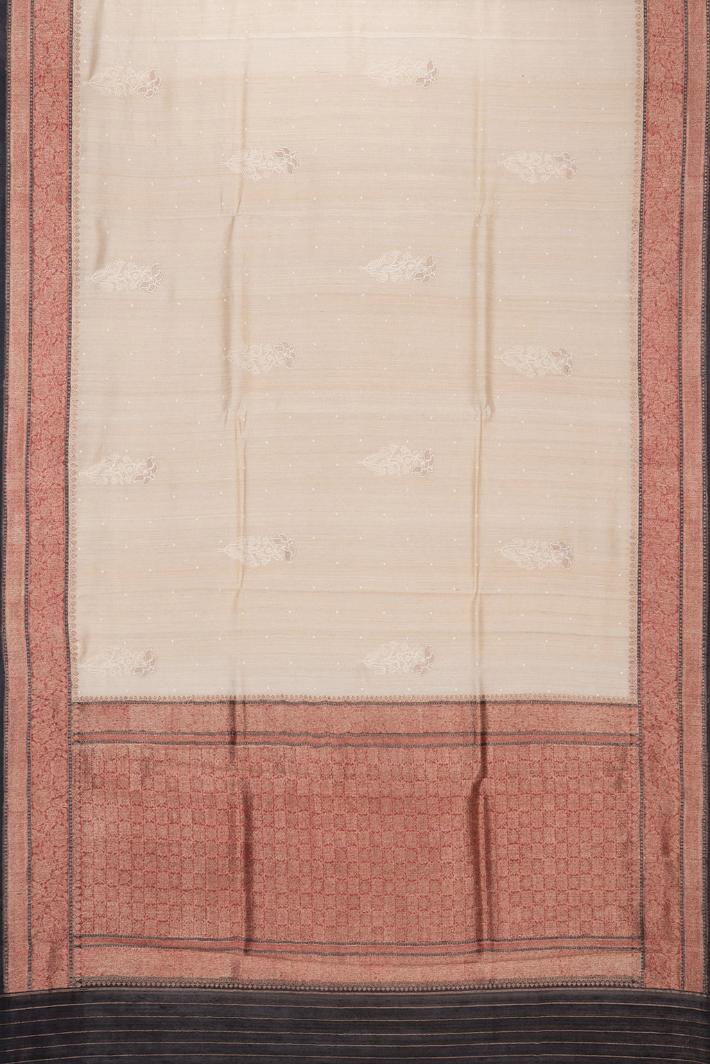 Flat view of Pure Silk Sandal Tussar Saree with Embroidered on the body and Embroidered Border. 