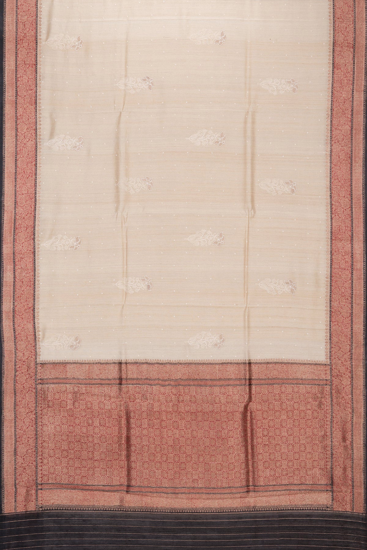 Flat view of Pure Silk Sandal Tussar Saree with Embroidered on the body and Embroidered Border. 