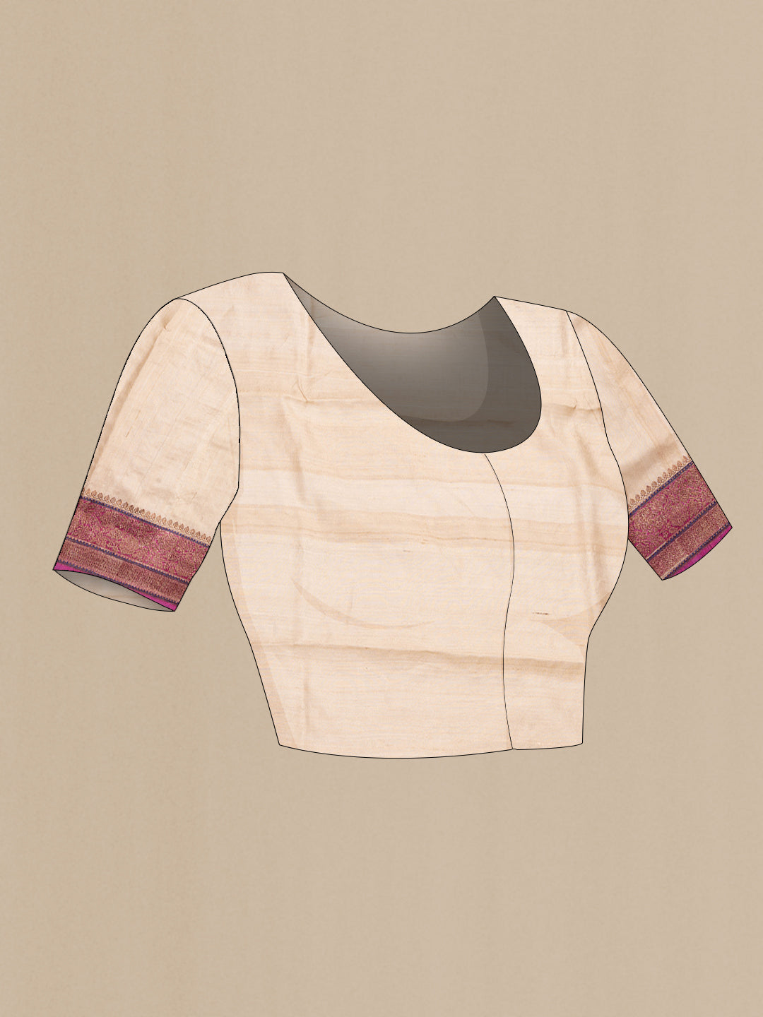 Close up image of the blouse of Beige Tussar Saree with Embroidered on the body and Zari Border. 