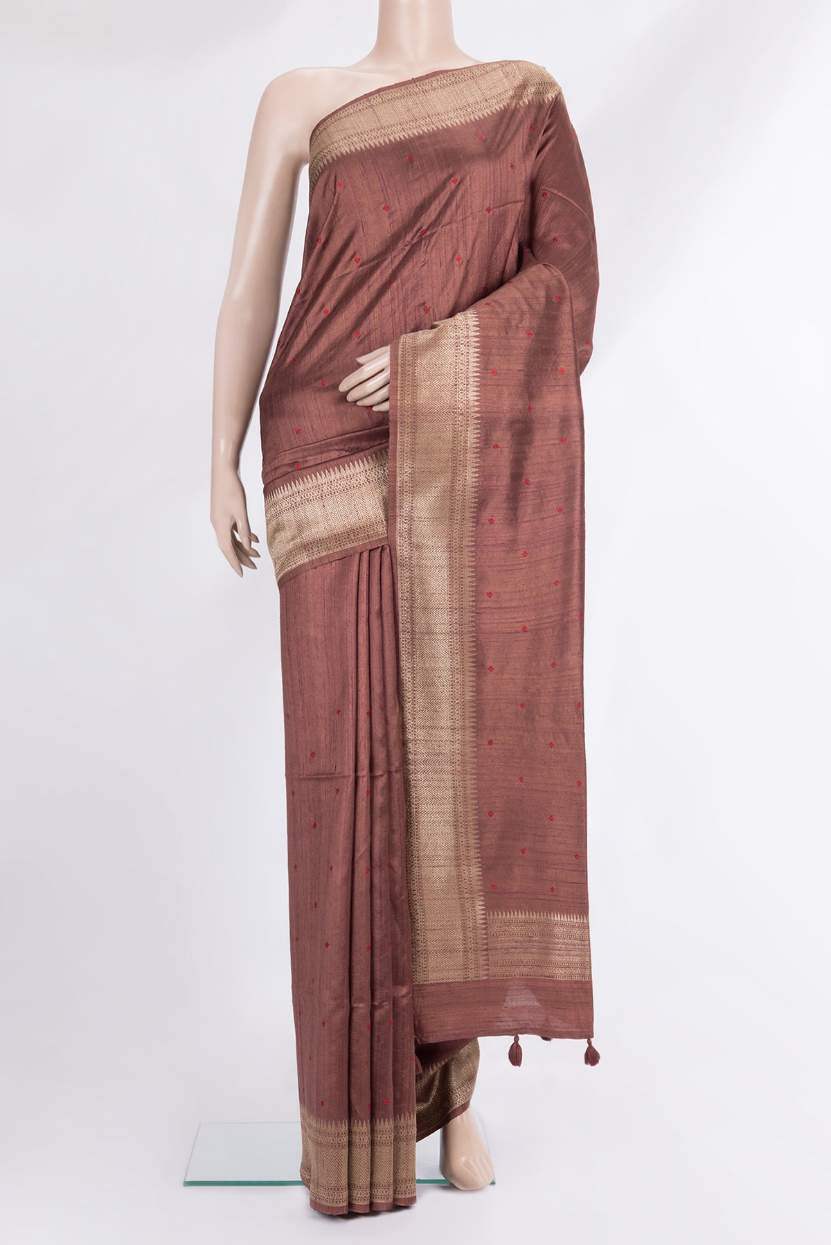 Brown Tussar Saree with Embroidered on the body and Zari Border.  displayed on a mannequin