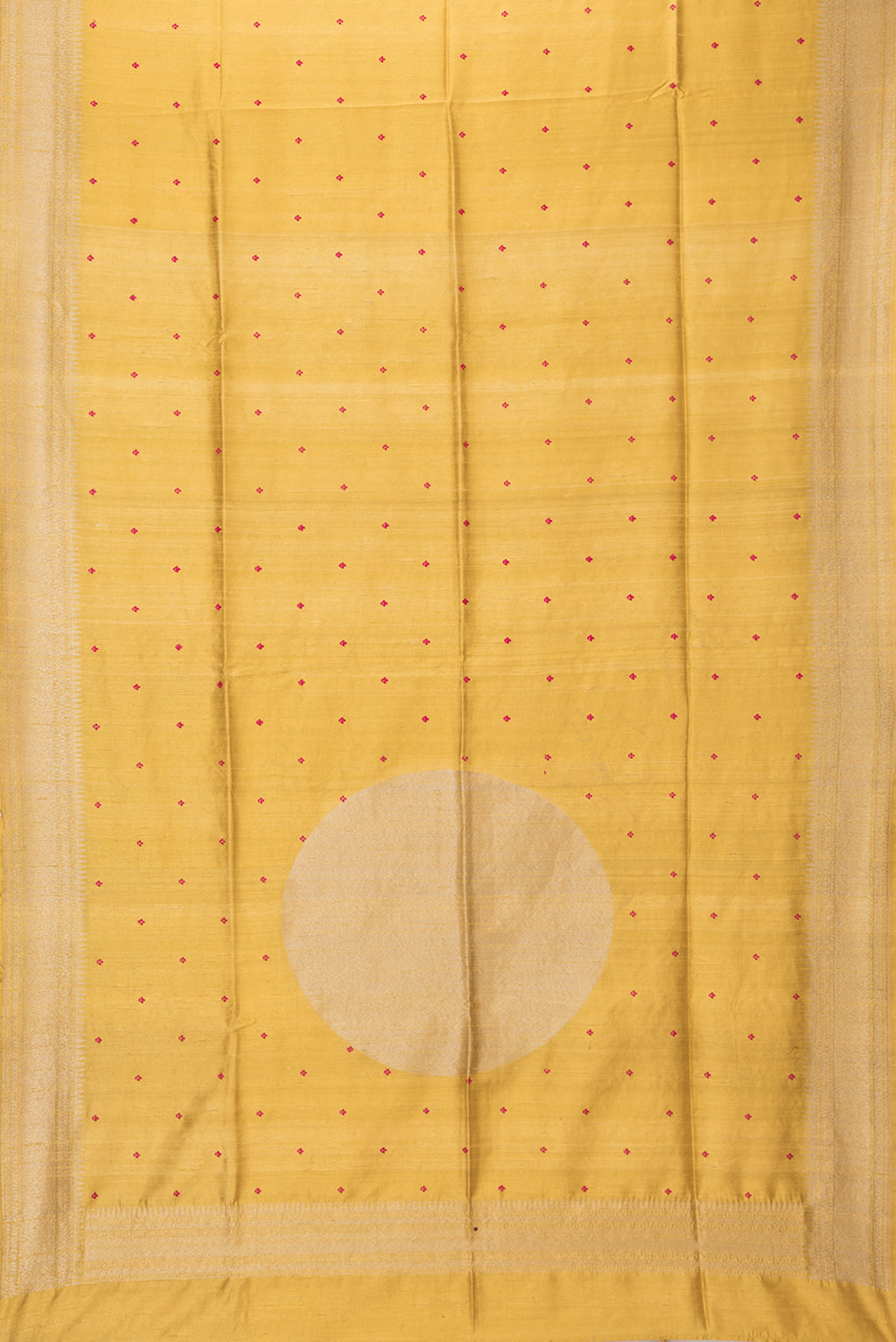 Flat view of Pure Silk Sandal Dual Tone Raw Saree with Embroidery on the body and Zari Border. 