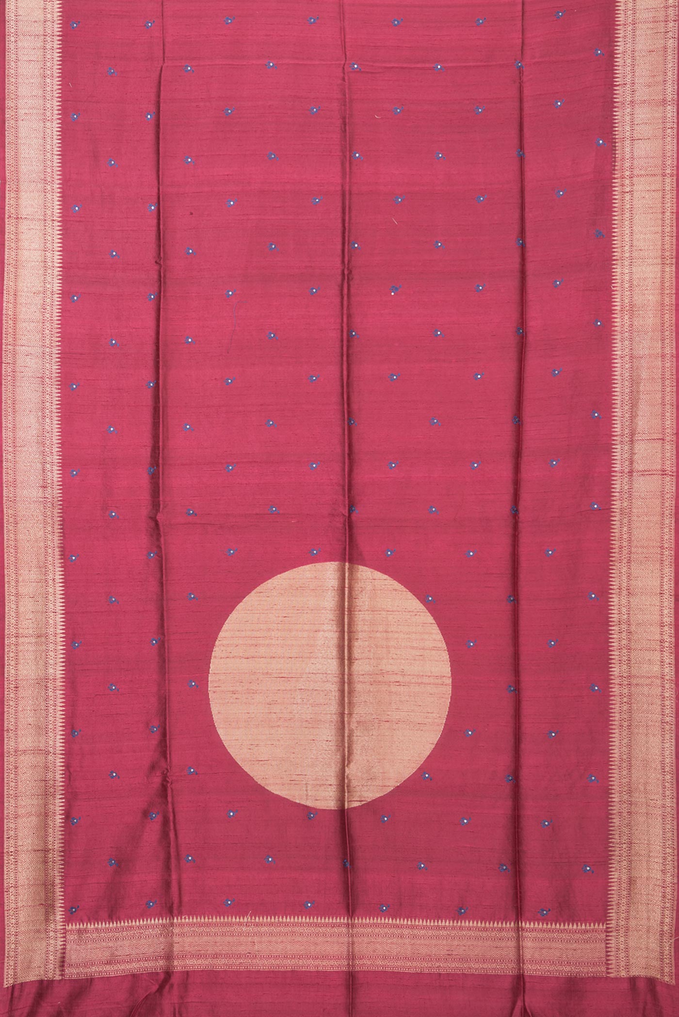 Flat view of Pure Silk Dark Pink Tussar Saree with Embroidery on the body and Zari Border. 