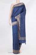 Pure Silk Dark Blue Tussar Saree with Embroidery on the body and Zari Border.  displayed on a mannequin