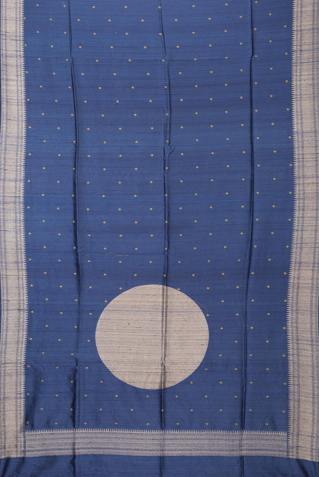 Flat view of Pure Silk Dark Blue Tussar Saree with Embroidery on the body and Zari Border. 