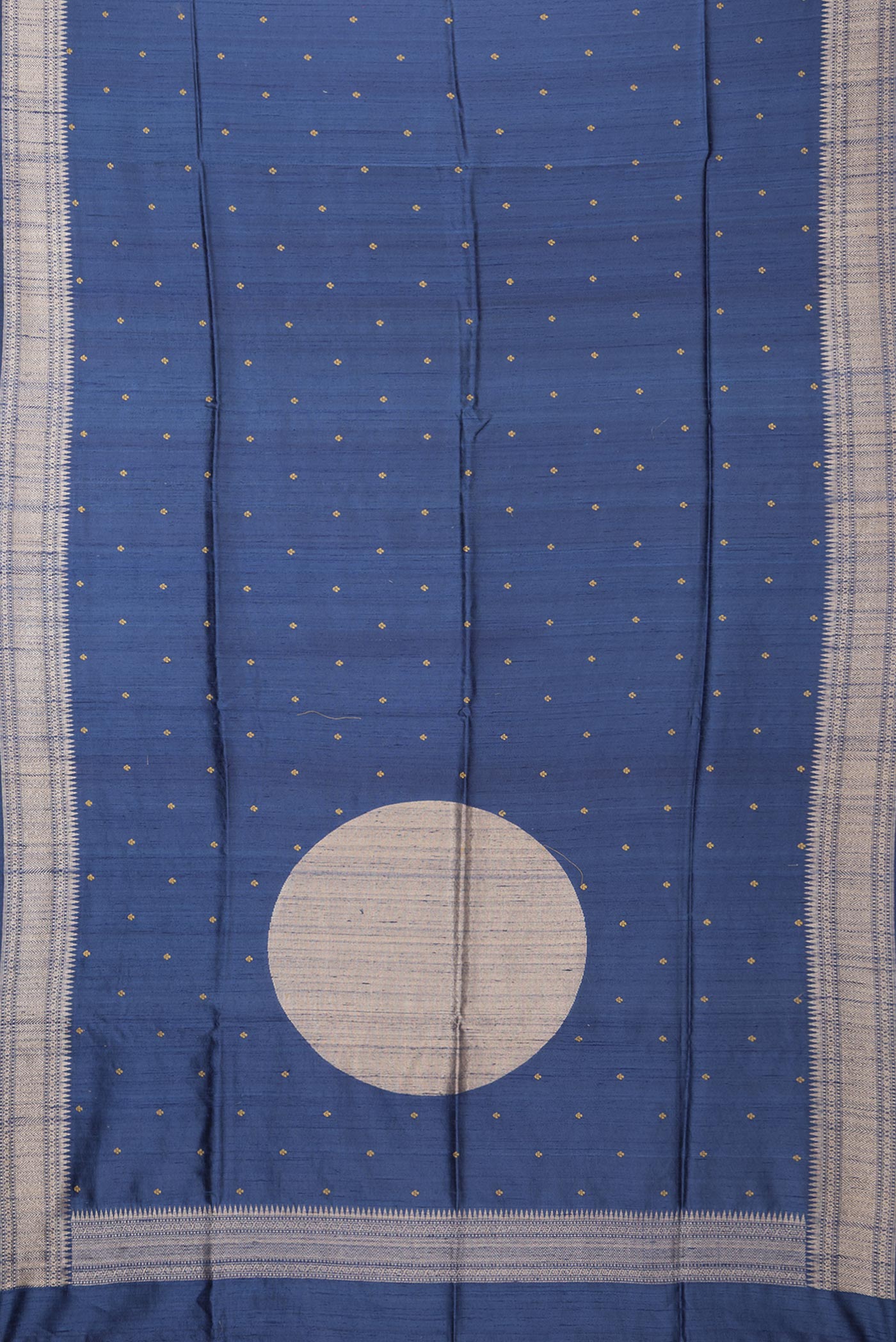 Flat view of Pure Silk Dark Blue Tussar Saree with Embroidery on the body and Zari Border. 
