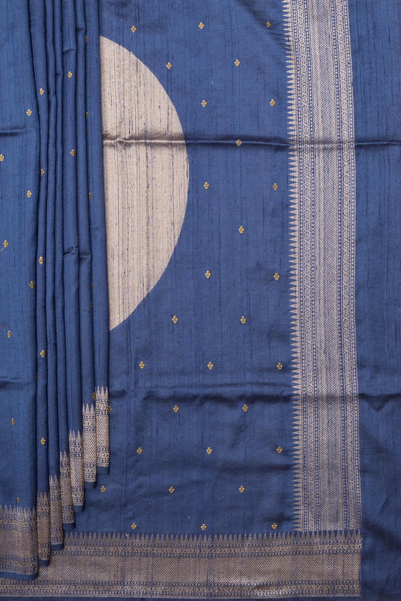 Pleats and pallu of Pure Silk Dark Blue Tussar Saree with Embroidery on the body and Zari Border. 