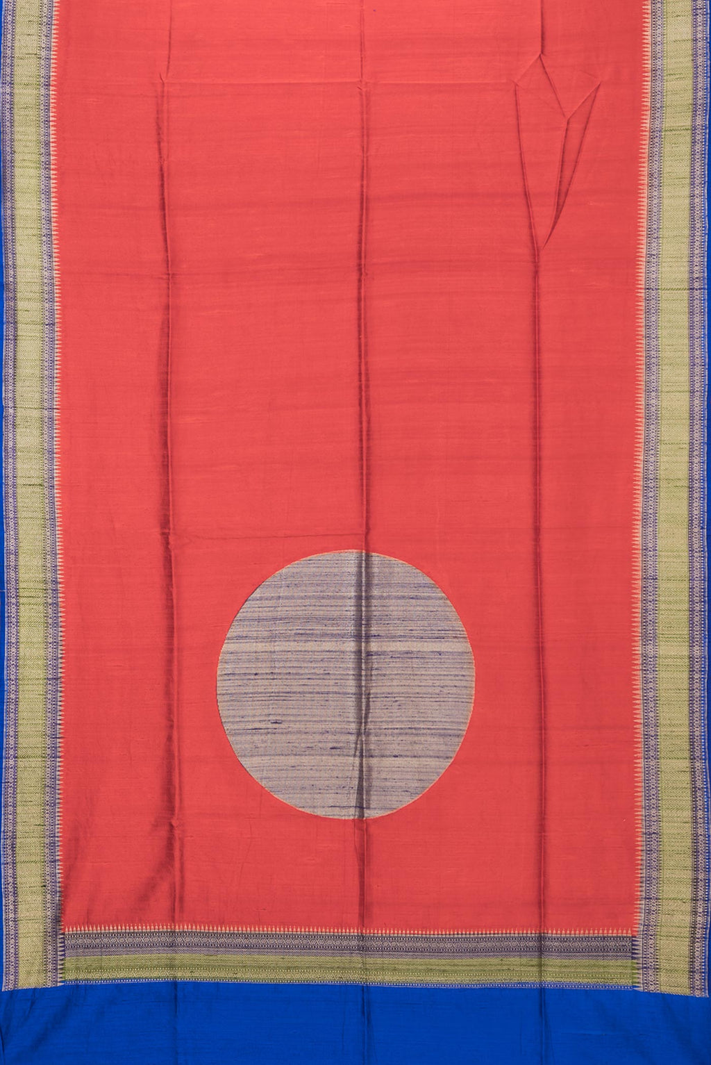 Flat view of Pure Silk Red Tussar Saree with Plain Body and Zari Border. 