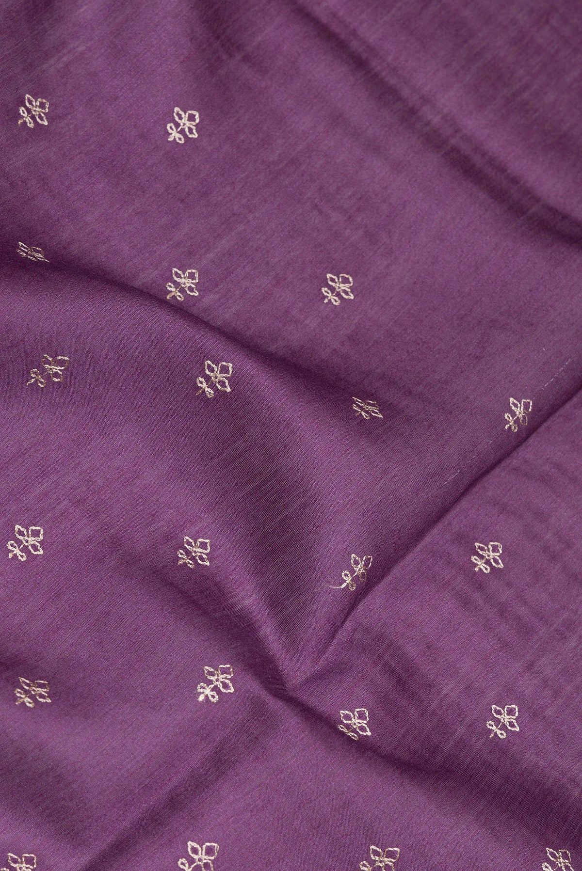 Close up of Purple Tussar Silk Saree with Embroidery on the body and Fancy Border.  displaying folds