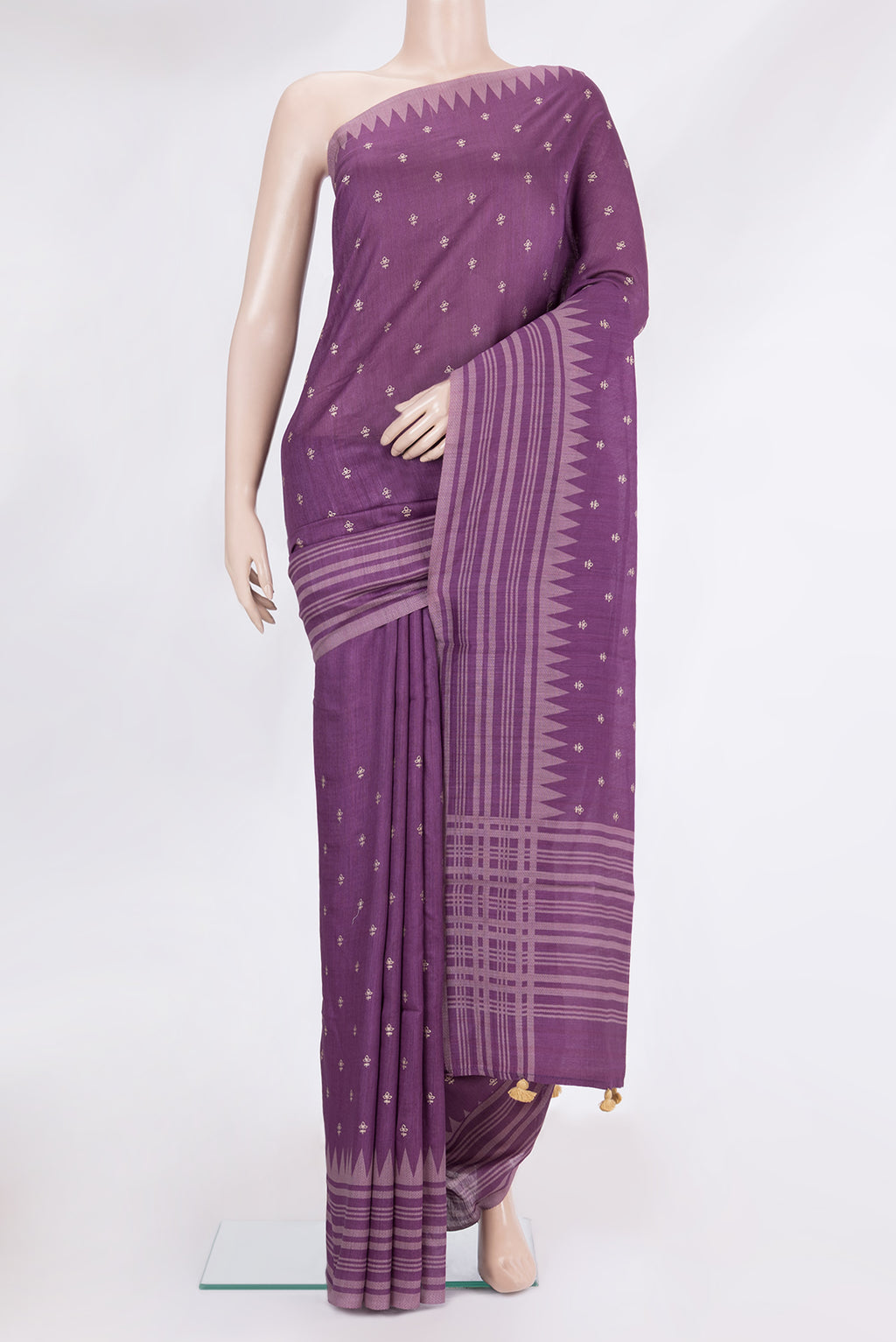 Purple Tussar Silk Saree with Embroidery on the body and Fancy Border.  displayed on a mannequin