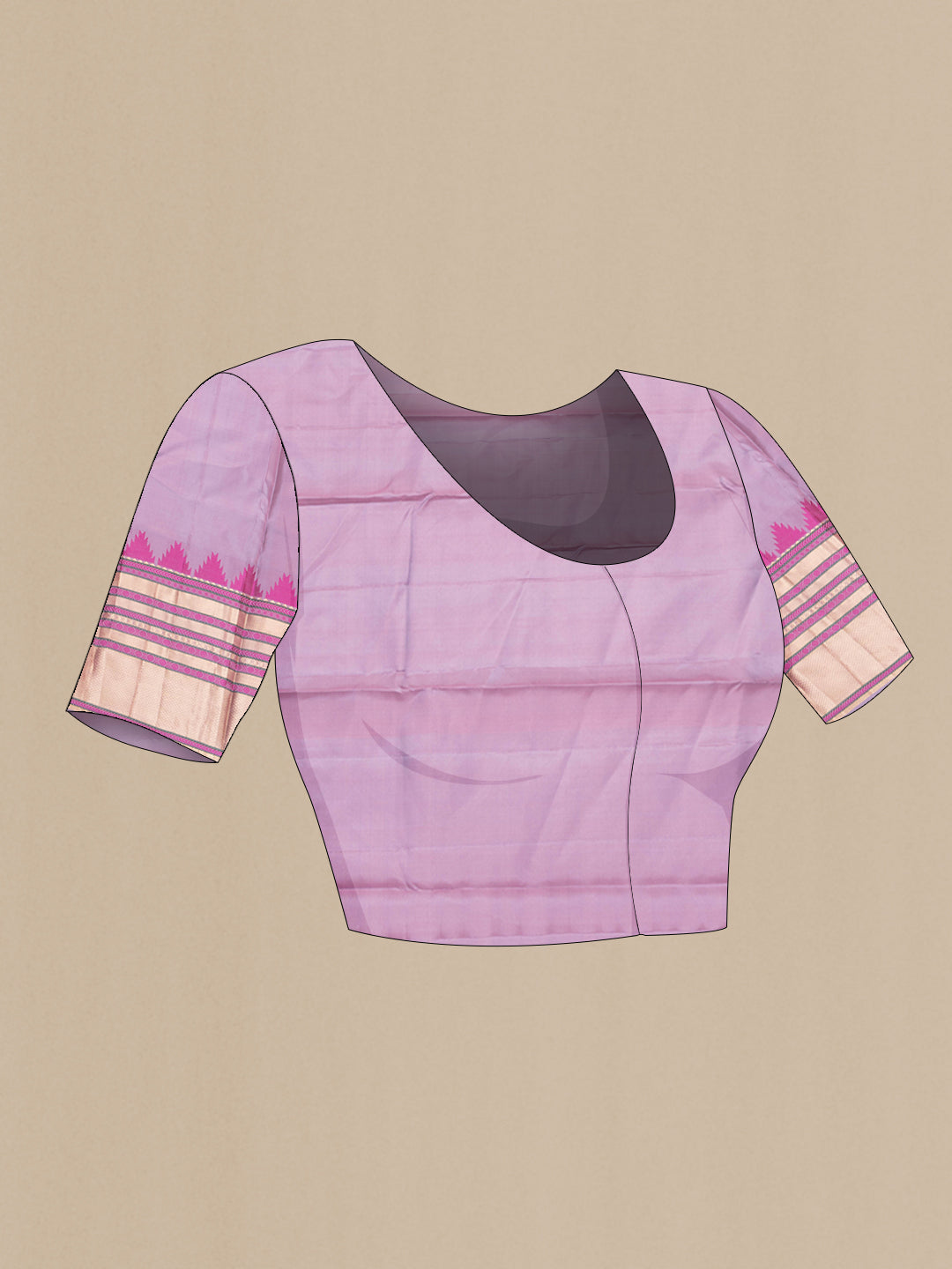 Close up image of the blouse of Pure Silk Rose pink Kanchipuram Saree with Plain Body and Temple Border. 
