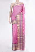 Pure Silk Rose pink Kanchipuram Saree with Plain Body and Temple Border.  displayed on a mannequin