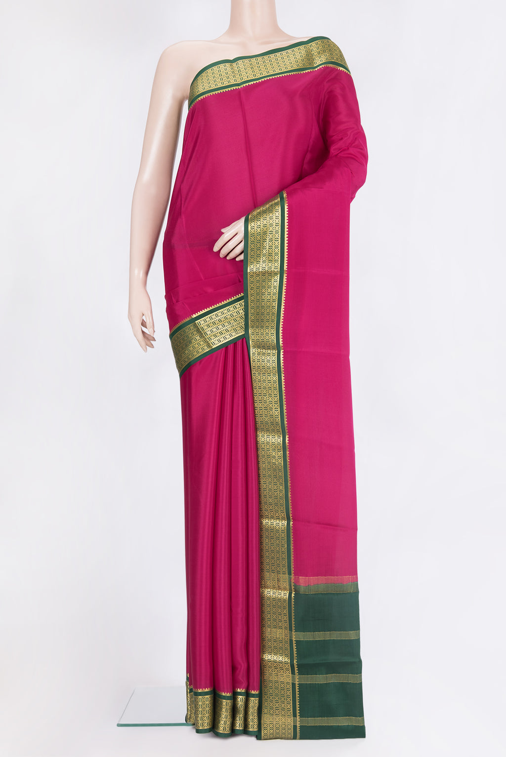 Pure Silk Dark Pink Mysore Silk Saree with Plain Body and Zari Border.  displayed on a mannequin