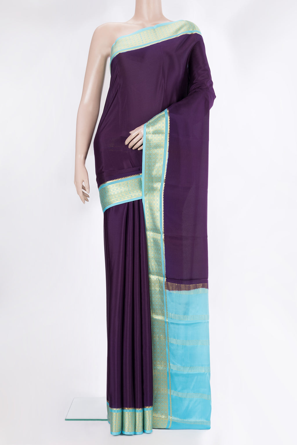 Purple Mysore Crepe Saree with Plain Body and Zari Border.  displayed on a mannequin