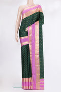 Bottle Green Mysore Chiffon Saree with Zari Butta on the body and Zari Border.  displayed on a mannequin