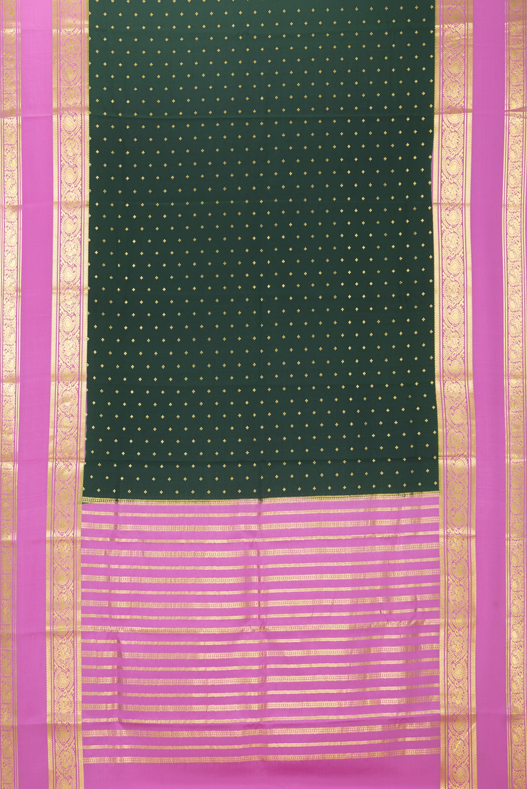 Flat view of Bottle Green Mysore Chiffon Saree with Zari Butta on the body and Zari Border. 