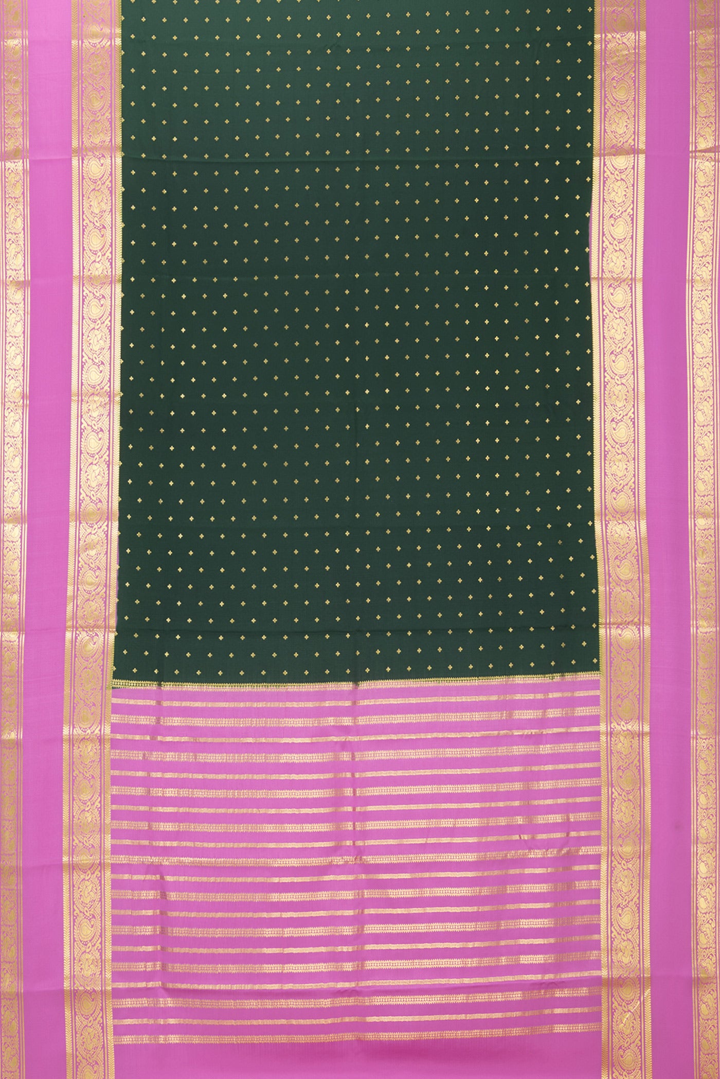 Flat view of Bottle Green Mysore Chiffon Saree with Zari Butta on the body and Zari Border. 