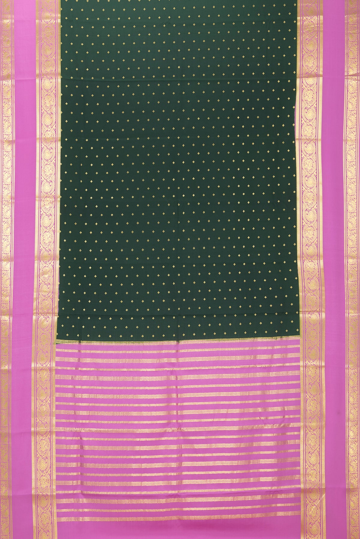 Flat view of Bottle Green Mysore Chiffon Saree with Zari Butta on the body and Zari Border. 
