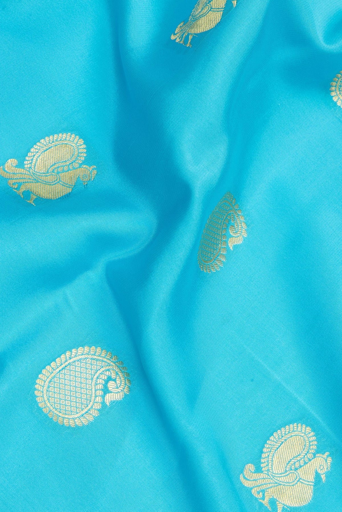 Close up of Sky Blue Mysore Chiffon Saree with Zari Butta on the body and Fancy Border.  displaying folds