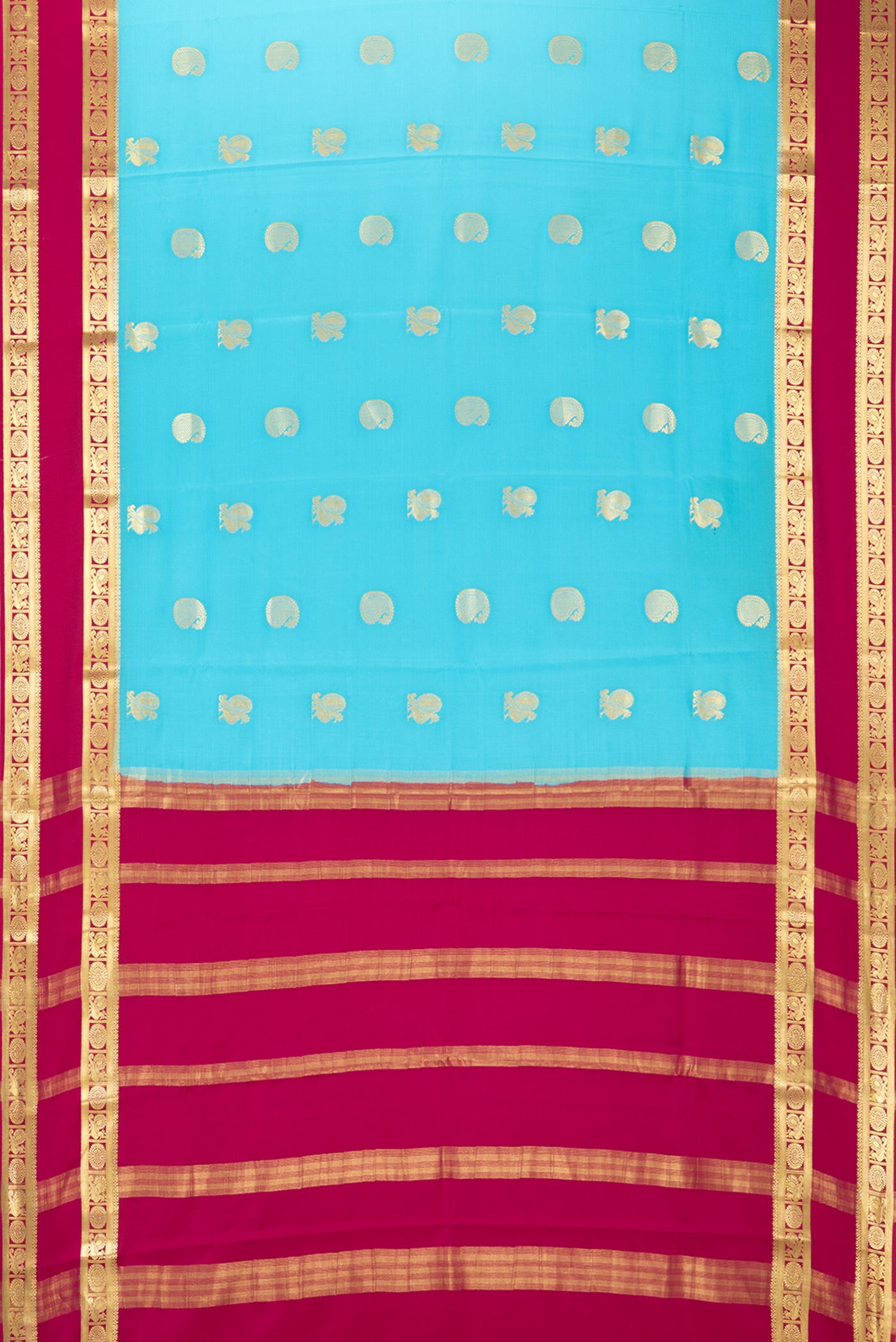 Flat view of Sky Blue Mysore Chiffon Saree with Zari Butta on the body and Fancy Border. 