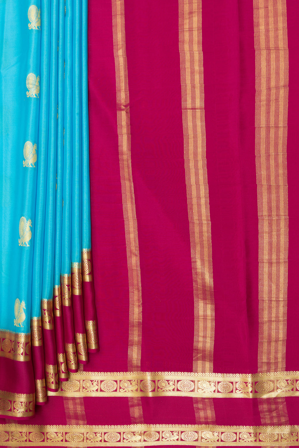 Pleats and pallu of Sky Blue Mysore Chiffon Saree with Zari Butta on the body and Fancy Border. 