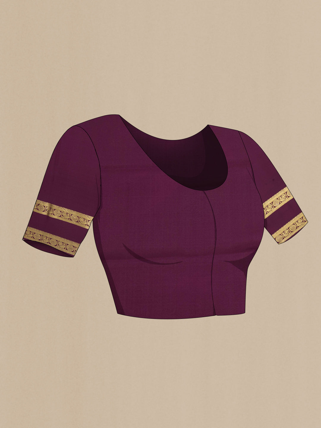 Close up image of the blouse of Golden Peach Mysore Crepe Saree with Zari Butta on the body and Fancy Border. 
