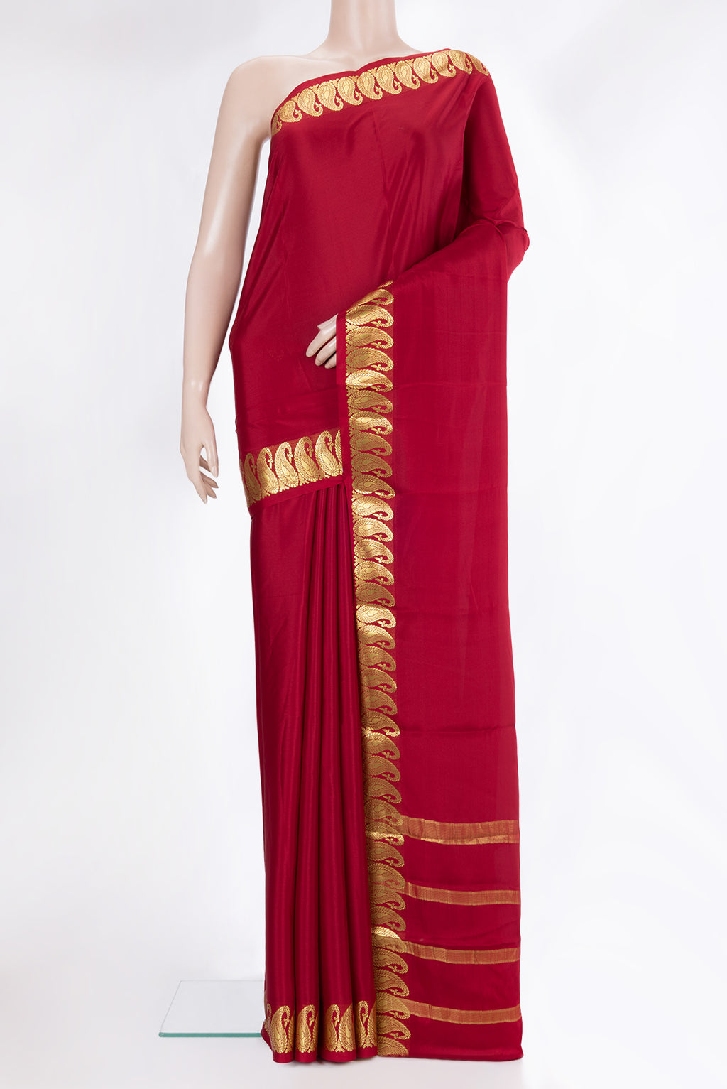 Deep Red Dual Tone Mysore Crepe Saree with Plain Body and Zari Border.  displayed on a mannequin
