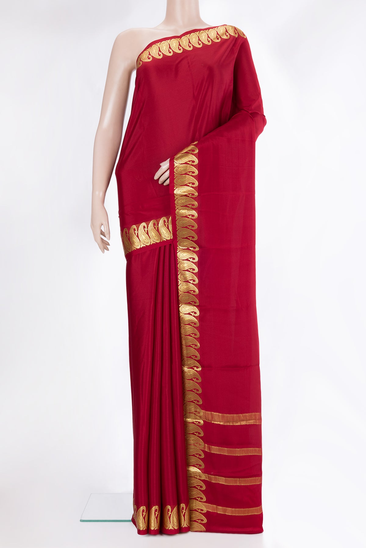 Deep Red Dual Tone Mysore Crepe Saree with Plain Body and Zari Border.  displayed on a mannequin