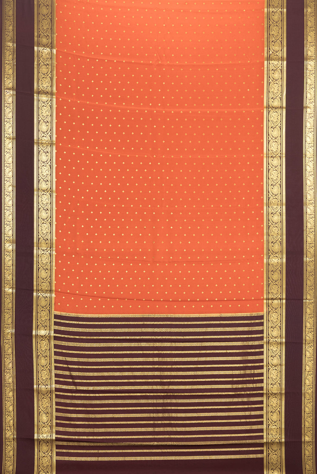 Flat view of Pure Silk Orange Mysore Silk Saree with Zari Butta on the body and Zari Border. 