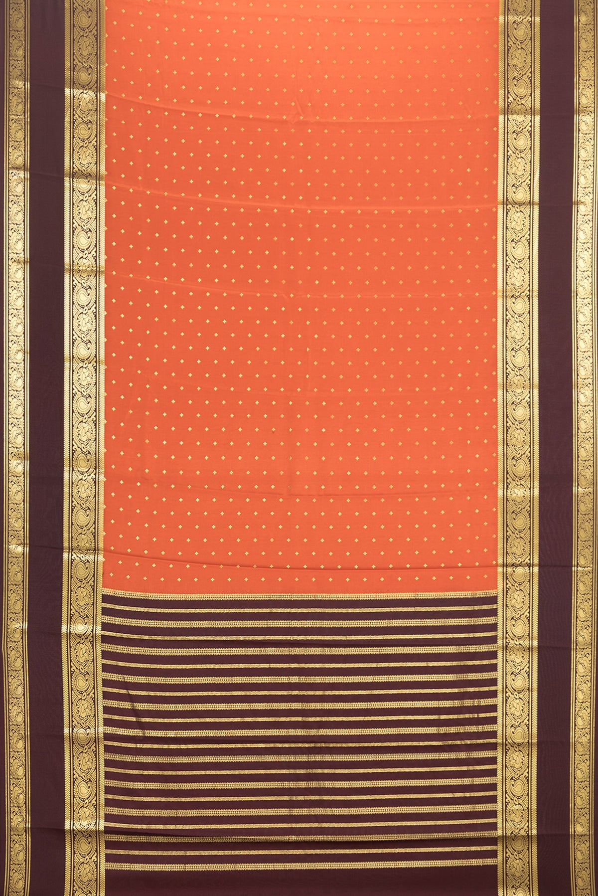 Flat view of Pure Silk Orange Mysore Silk Saree with Zari Butta on the body and Zari Border. 