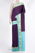 Purple Mysore Crepe Saree with Plain Body and Zari Border.  displayed on a mannequin